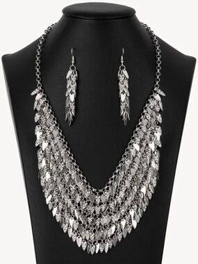 Silver Layered Statement Necklace & Earrings Set